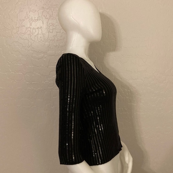 Vintage St. John Evening Black Ribbed Square Sequins 3/4 Sleeves Top Size 2 - Picture 6 of 14